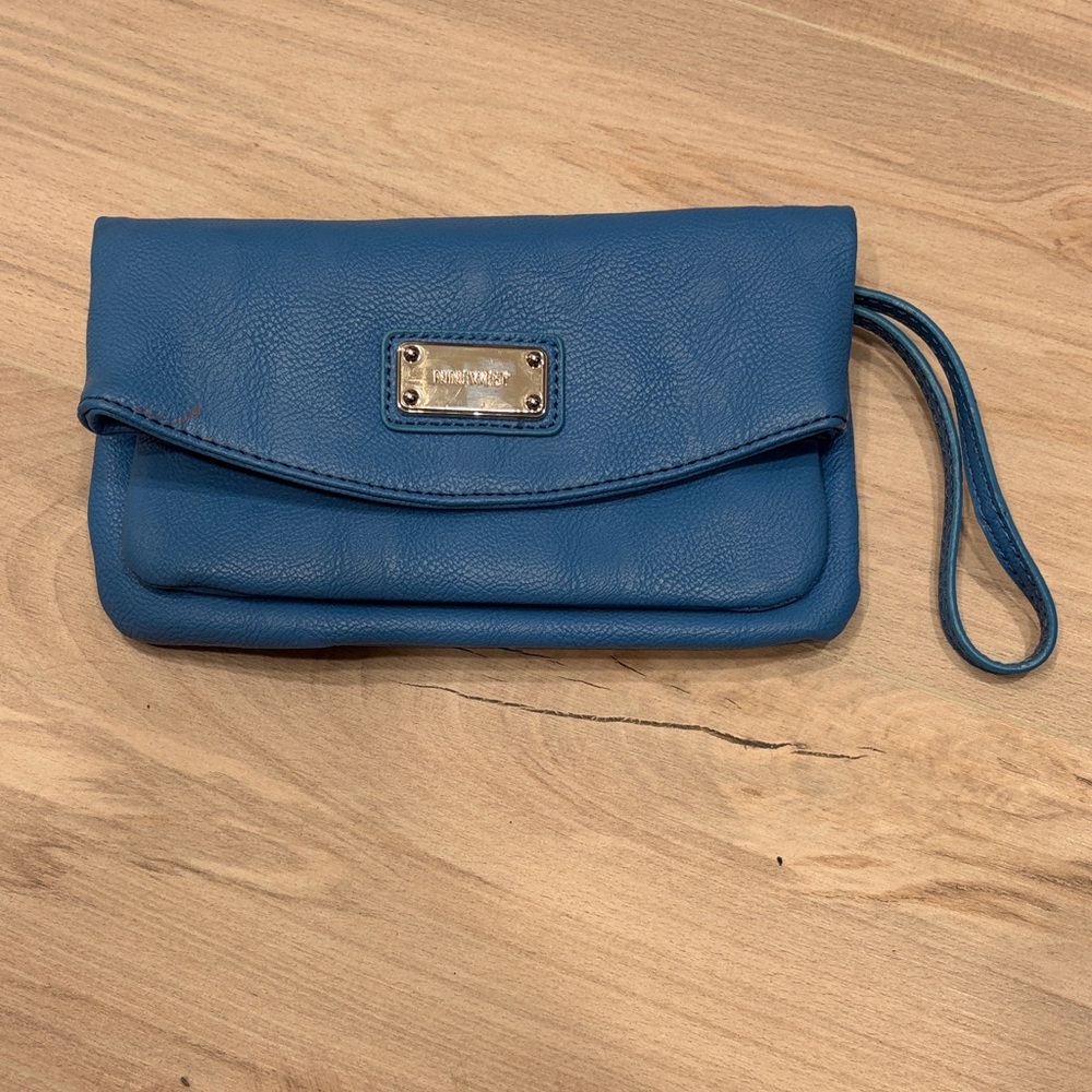 Blue Leather Wristlet Clutch